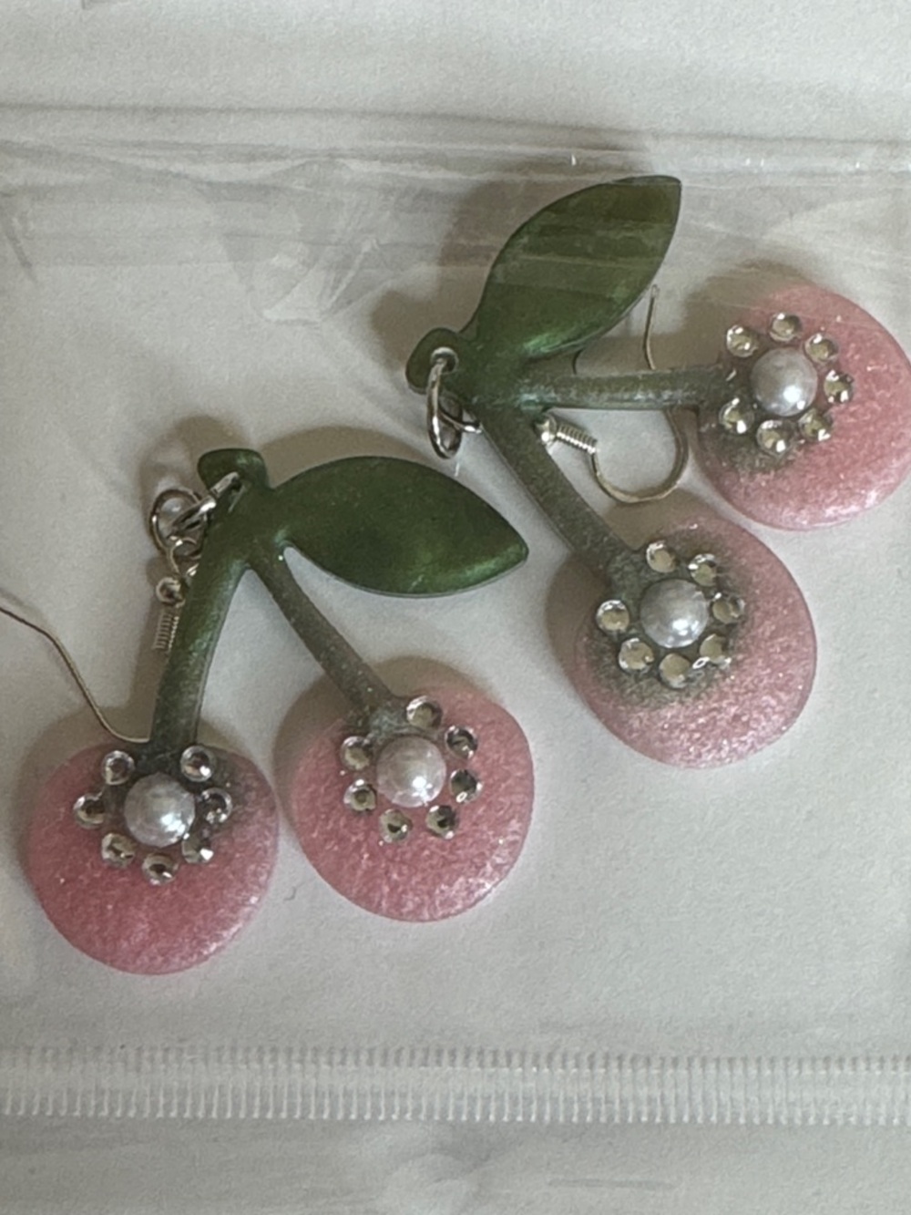 Pink Cherry Drop Earrings with Green Leaf Accents